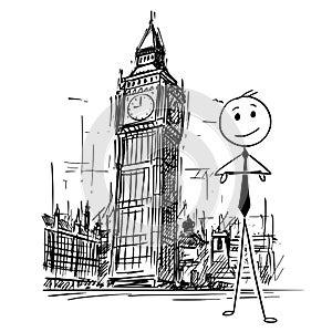 Cartoon of Businessman Standing in Front of Big Ben Clock Tower in London, England