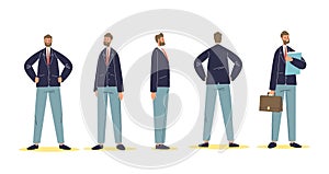 Cartoon businessman standing front, side and back view, wearing suit and holding suitcase