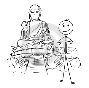 Cartoon of Businessman Standing in Front of the Tian Tan or Big Buddha statue, Hong Kong