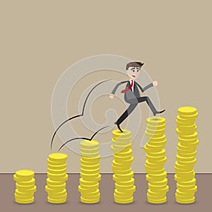 Cartoon businessman step on stack of coin