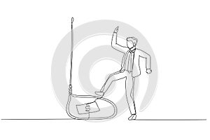 Cartoon of businessman tricked with money bait get trap because greedy. One line style art