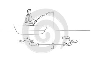 Cartoon of businessman try to get fish but not getting one concept of unsuccessful. One continuous line art style