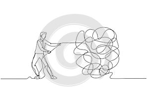 Cartoon of businessman try to unraveling tangled rope concept of solution and problem solving. One line art style