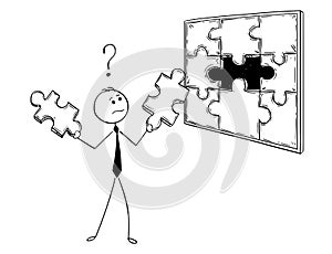 Cartoon of Businessman with Two Jigsaw Puzzle Pieces in Hands to Decide