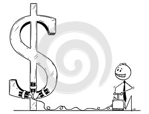 Cartoon of Businessman Using Detonator and Explosive to Destroy Dollar Symbol