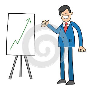 Cartoon businessman very happy to see rising sales chart, vector illustration