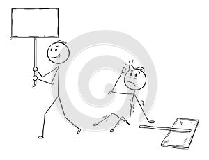 Cartoon of Businessman Walking with Empty Sign After he Hit Another Man with Sign