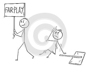 Cartoon of Businessman Walking with Fair Play Sign After he Hit Another Man with Sign