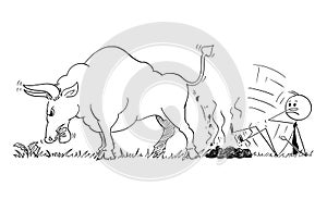 Cartoon of Businessman Who Slipped on Dung or Excrement of Bull as Rising Market Prices Symbol