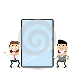 Cartoon businessmen with big tablet computer or smartphone
