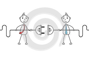 Cartoon businessmen connecting electric plug