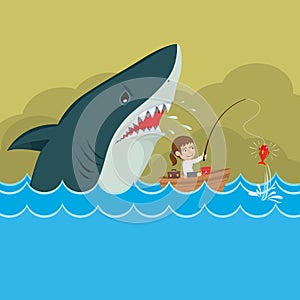 Cartoon businesswoman boat fishing with huge shark sneak