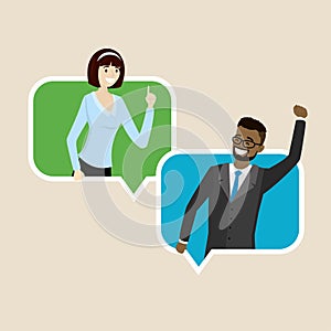 Cartoon businesswoman and businessman in speech bubble