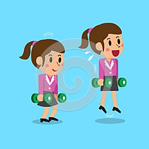 Cartoon businesswoman doing dumbbell calf jump exercise step training