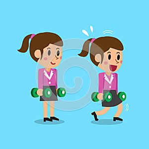 Cartoon businesswoman doing dumbbell lunge exercise step training