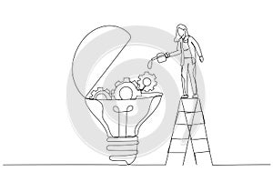 Cartoon of businesswoman drop lubricant or grease into mechanical gears lightbulb concept of creativity. Single line art style