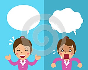 Cartoon businesswoman expressing different emotions with white speech bubbles