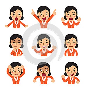 Cartoon a businesswoman faces showing different emotions set