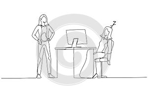 Cartoon of businesswoman falling asleep at work time get caught by boss concept of slacking off. Single continuous line art