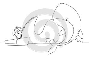 Cartoon of businesswoman get big fish whale concept of catching big profit. Single line art style