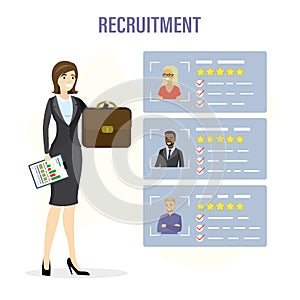 Cartoon businesswoman holds briefcase. Female HR specialist search new employee. Vacancies list, job seekers. Hiring agency