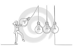 Cartoon of businesswoman manager pull bright lightbulb as pendulum to transfer knowledge. Continuous line art style