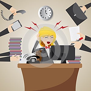 Cartoon businesswoman with many workload