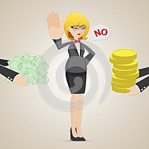 Cartoon businesswoman refuse money from another person