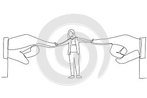 Cartoon of businesswoman resisting pressure from two pointing giant hand. One line style art