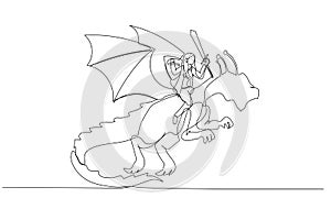Cartoon of businesswoman riding a dragon concept of overcoming adversity and courage. Single continuous line art