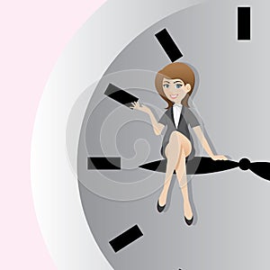 Cartoon businesswoman sitting on clockwise