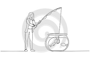 Cartoon of businesswoman try to hook and catch with coin bait. One line art style