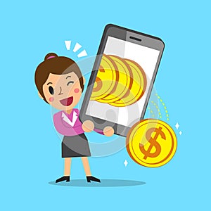 Cartoon businesswoman using smartphone to earn money