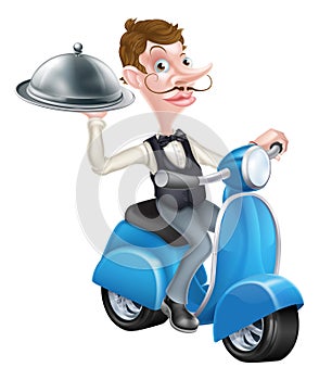 Cartoon Butler on Scooter Moped Delivering Food