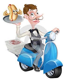 Cartoon Butler on Scooter Moped Delivering Hot Dog