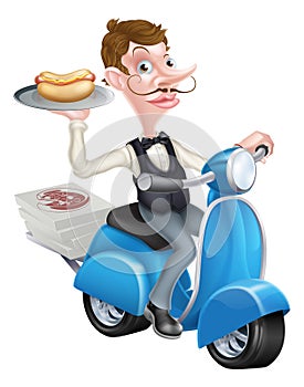 Cartoon Butler on Scooter Moped Delivering Hotdog