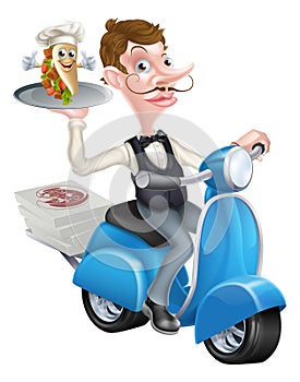 Cartoon Butler on Scooter Moped Delivering Souvlaki