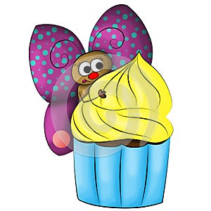 Cartoon butterfly decided to eat a cupcake