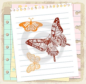 Cartoon butterfly on paper note, vector illustration
