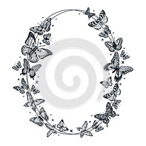 Cartoon butterfly silhouette frame. Black engraved flying butterflies, beautiful insects round frame, cute butterfly composition