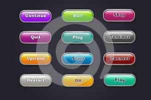 Cartoon buttons. Colorful video game ui elements. Restart and continue, start and play button set