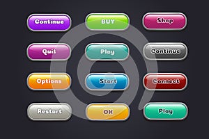 Cartoon buttons. Colorful video game ui elements. Restart and continue, start and play button set photo