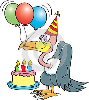 Cartoon buzzard with a birthday cake.