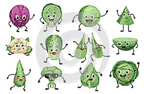 Cartoon cabbage characters. Vegetable faces with different emotions, funny brussels sprouts cabbage and cauliflower