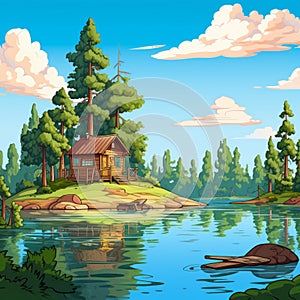 Cartoon Cabin On A Lake: Sublime Landscapes And Naturalistic Colors