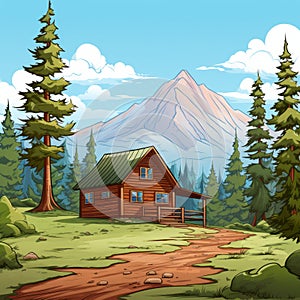 Cartoon Cabin In A Majestic Mountain Landscape