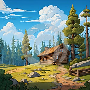 Cartoon Cabin In A Serene Forest Landscape