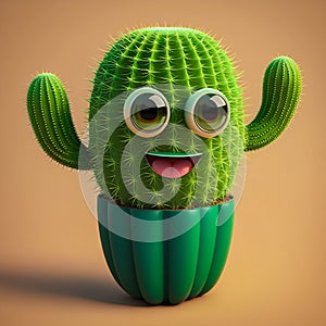 Cartoon cactus with big eyes  on white background. Generative AI