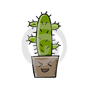 Cartoon cactus character. Kawaii potted plant for your design