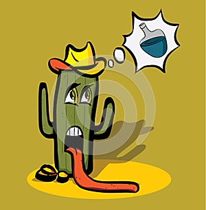 Cartoon cactus faint from thirst in the desert and photo